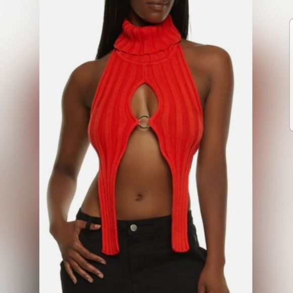 Daisy Slit Halter Turtleneck Sweater Top NWT Ribbed, Sexy, Open Front, Black, Pi - Picture 9 of 16